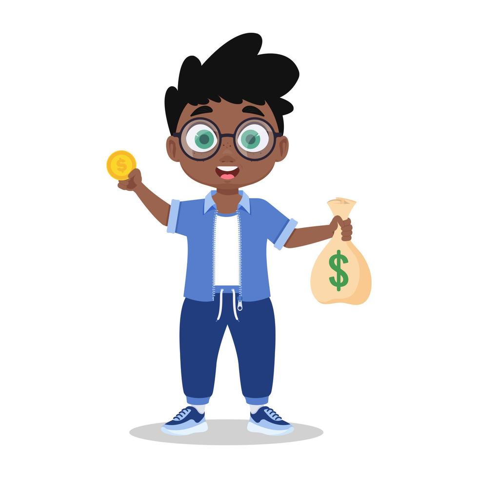 Boy investor with a coin in his hand and a bag of money vector