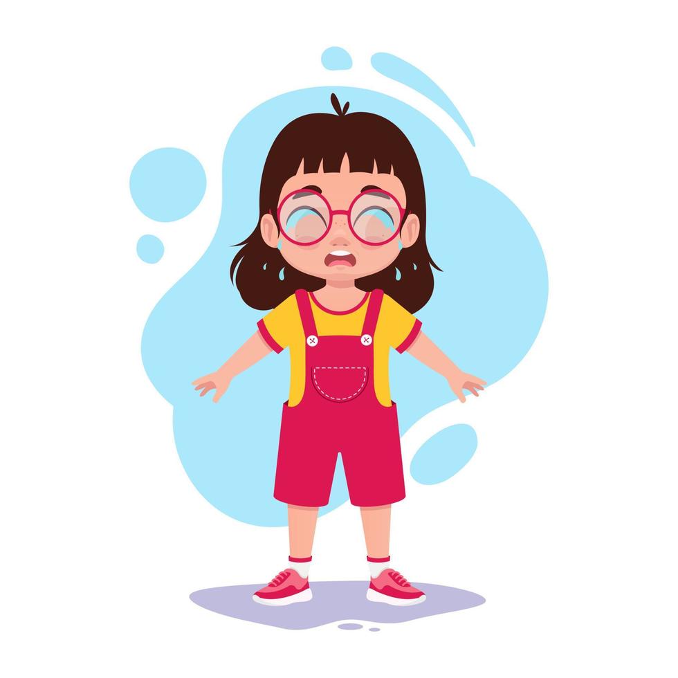 Cute girl in glasses is crying, tears of a child vector
