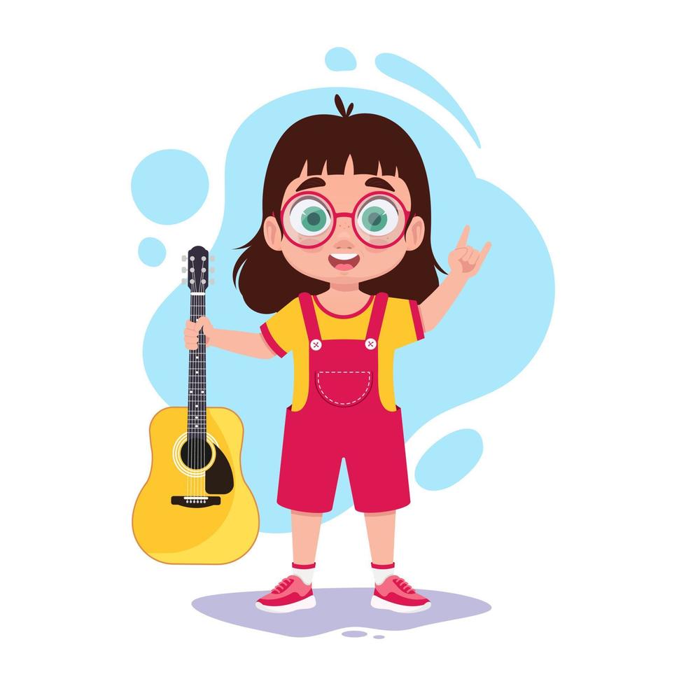 Child holding a guitar showing a rock gesture vector