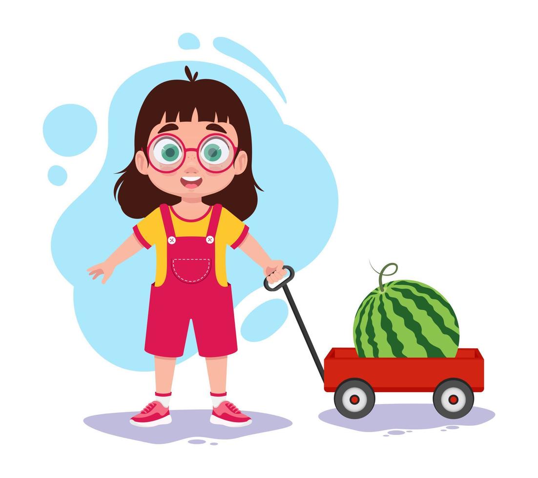 Cute child with cart and watermelon vector