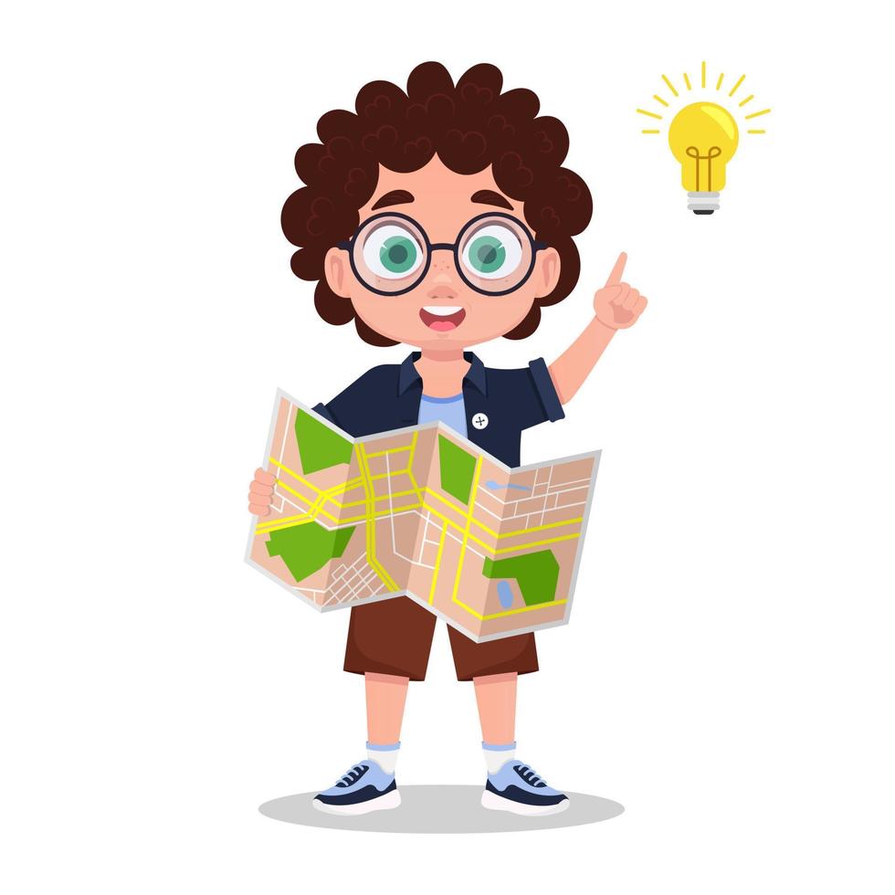 A boy with a map in his hands found the way. Vector illustration