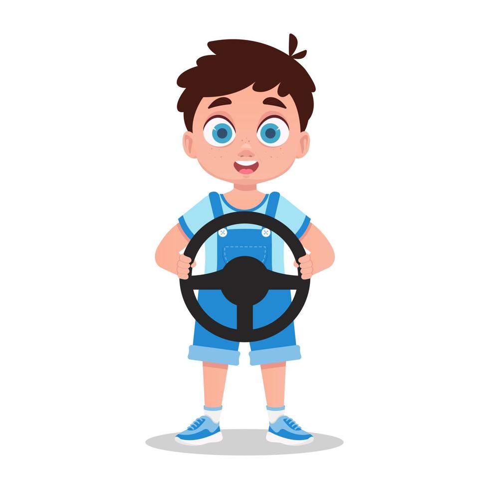 Cute boy playing with a steering wheel in his hands vector