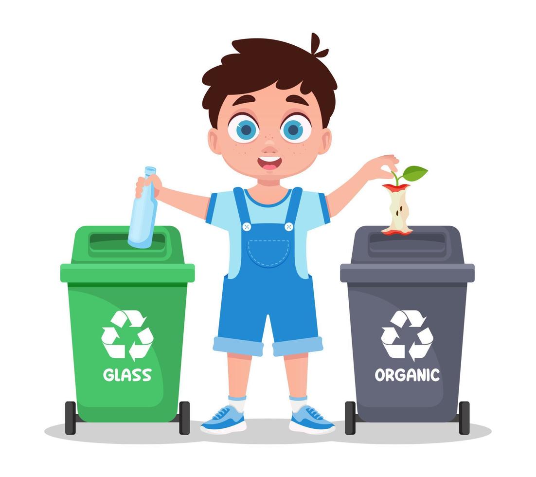 Boy sorts garbage, glass and organic vector