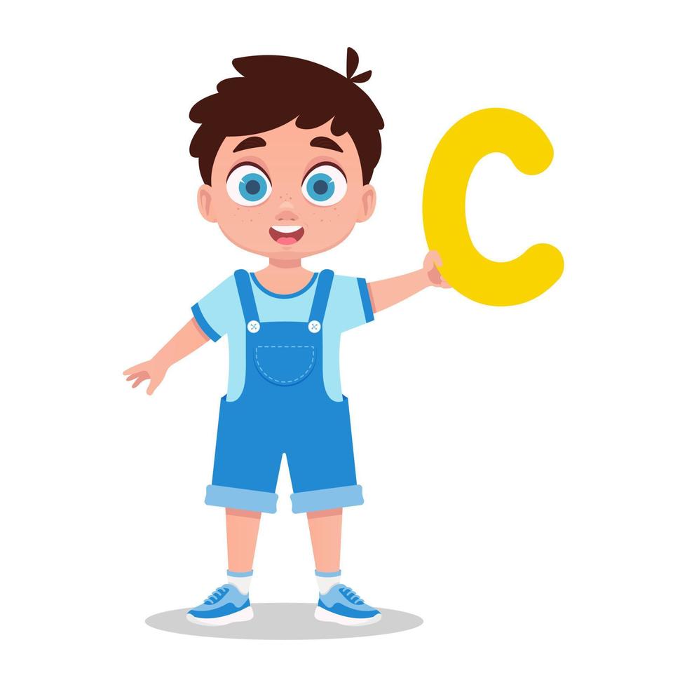 The boy holds the letter C in his hand vector