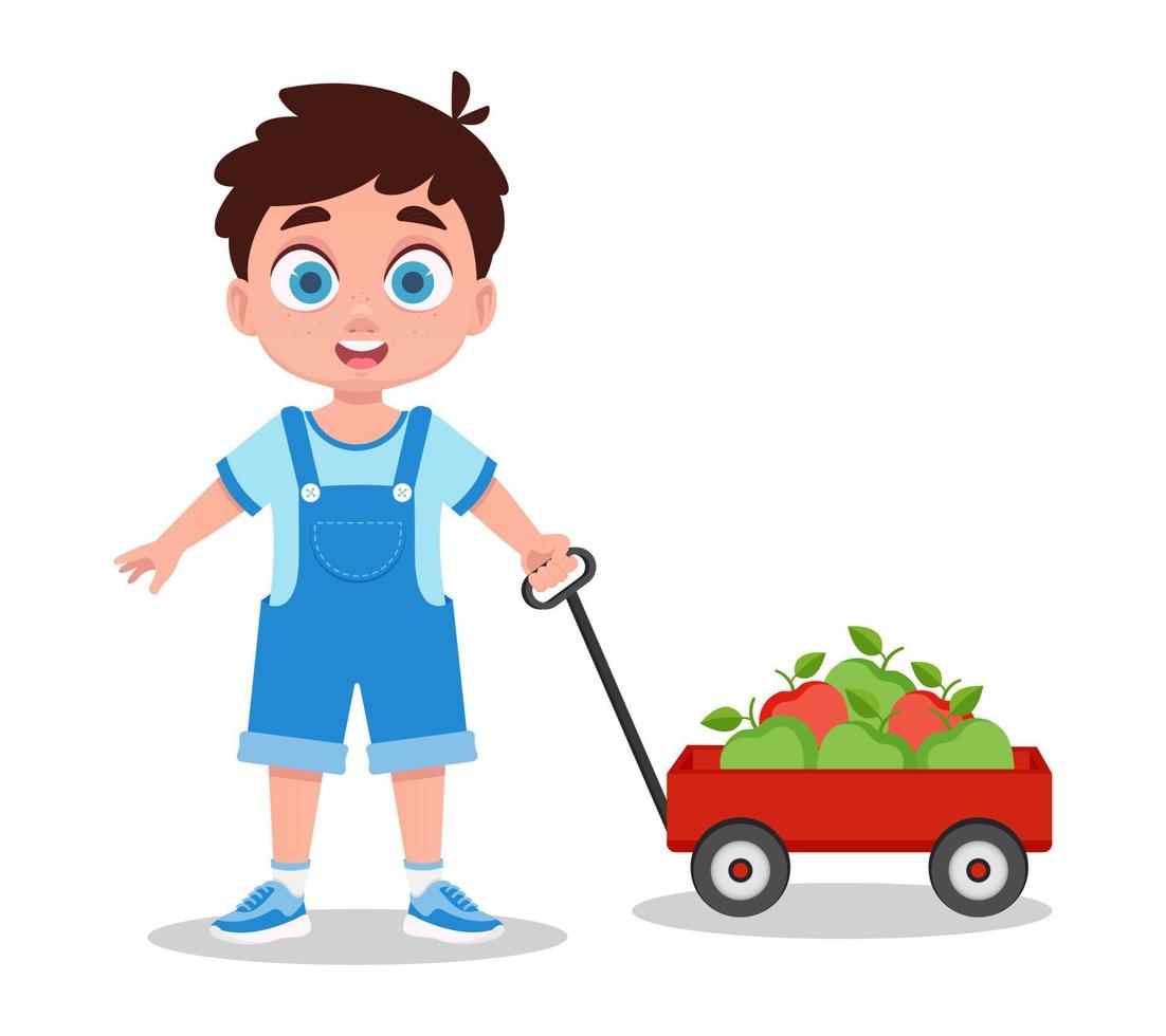 Boy with a cart of apples. Vector illustration