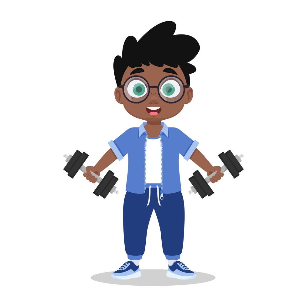 Cute boy doing exercises with dumbbells vector