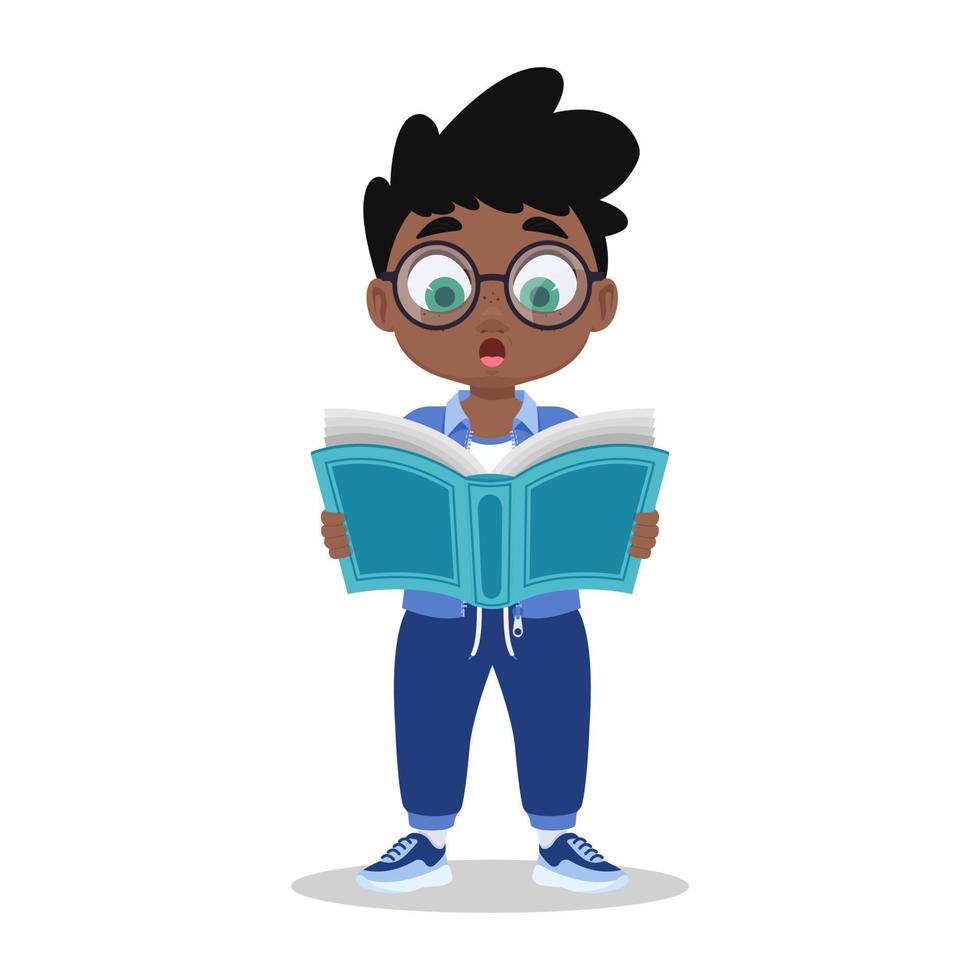 Cute boy is surprised to read a book vector