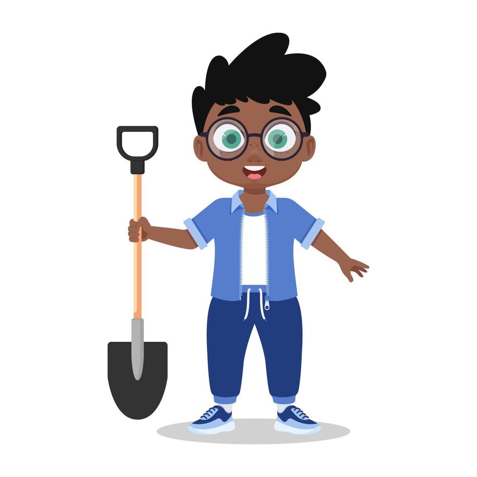 A child with a shovel in his hand, a child farmer vector