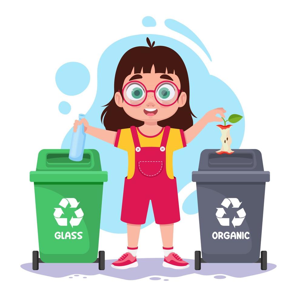 Child sorts garbage, glass and organic vector