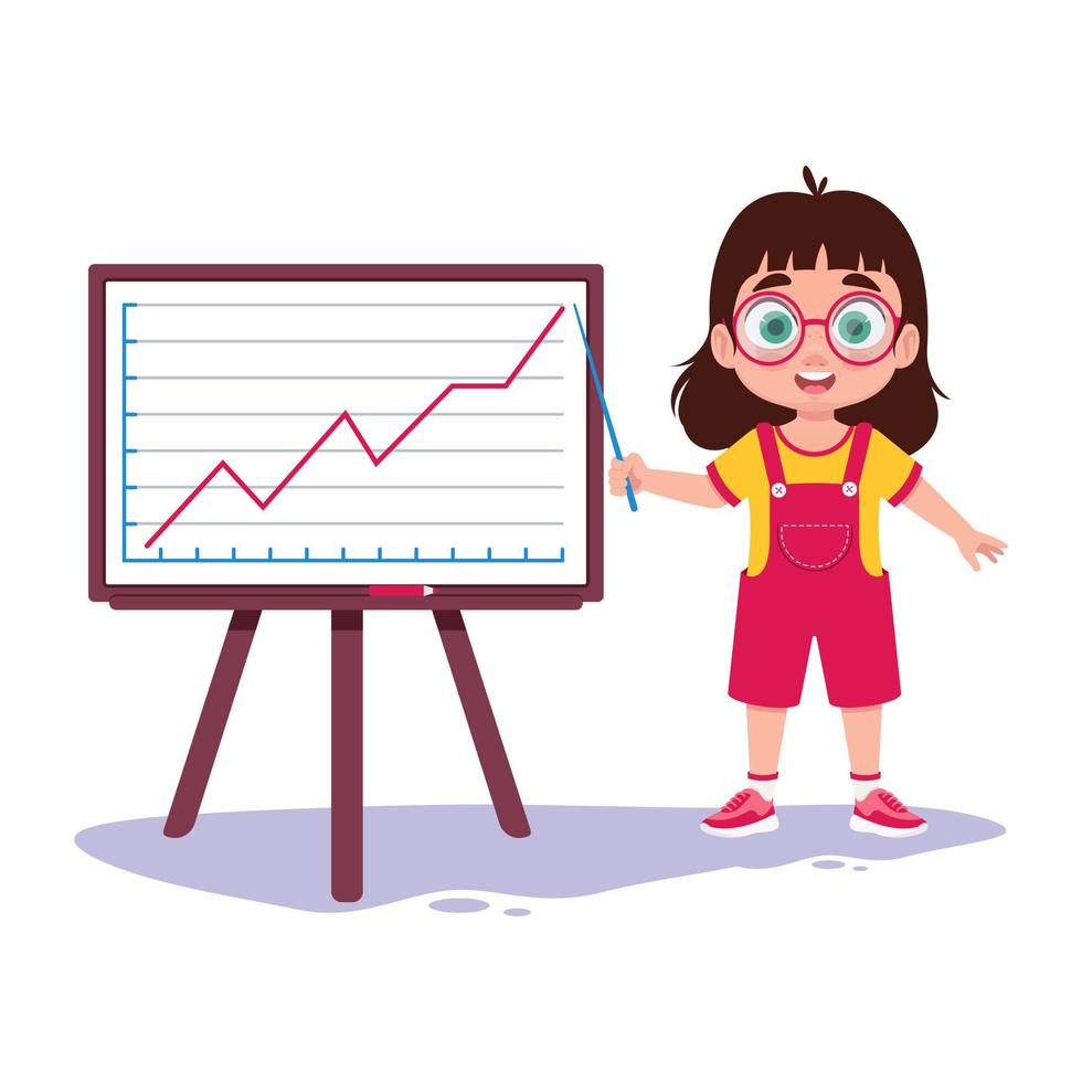 Child girl with a pointer near the board with a growth chart vector