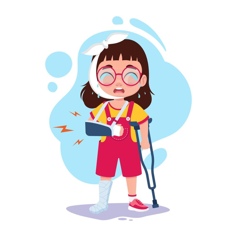 Child with broken arm, broken leg, on crutches vector