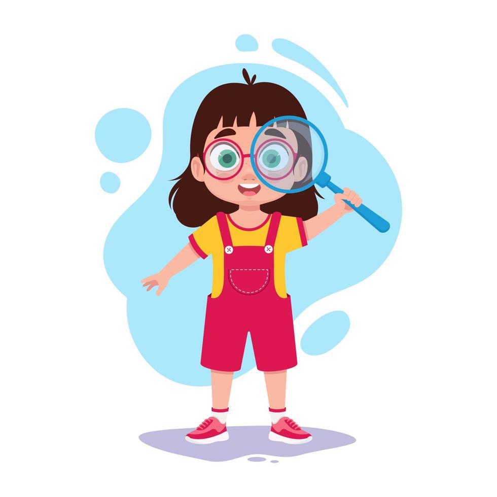 The girl looks through a magnifying glass, the child explores the world vector