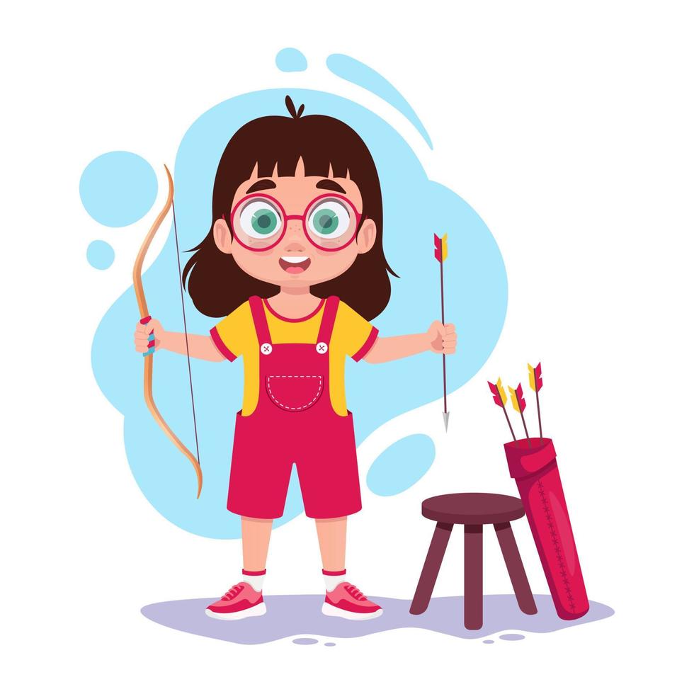 Girl shoots a bow, happy child with a bow in his hands vector