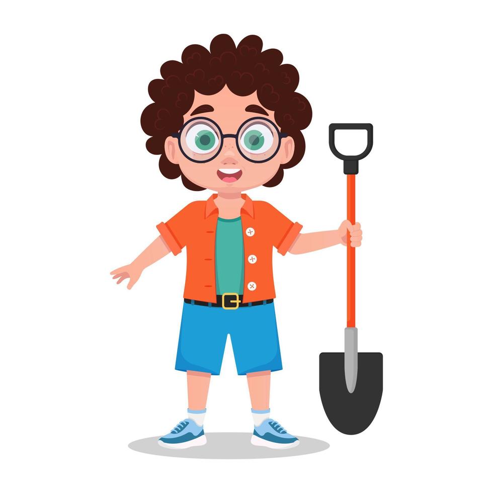 A child with a shovel in his hand, a child farmer vector