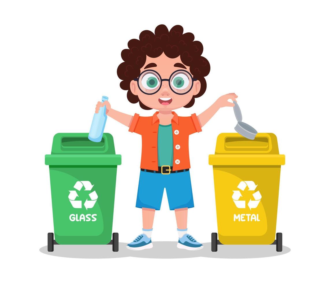 The boy sorts garbage, glass and metal vector