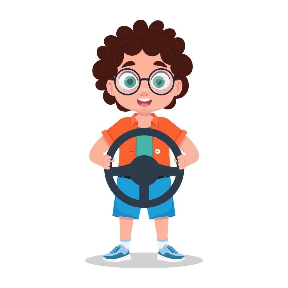 Cute boy playing with a steering wheel in his hands vector