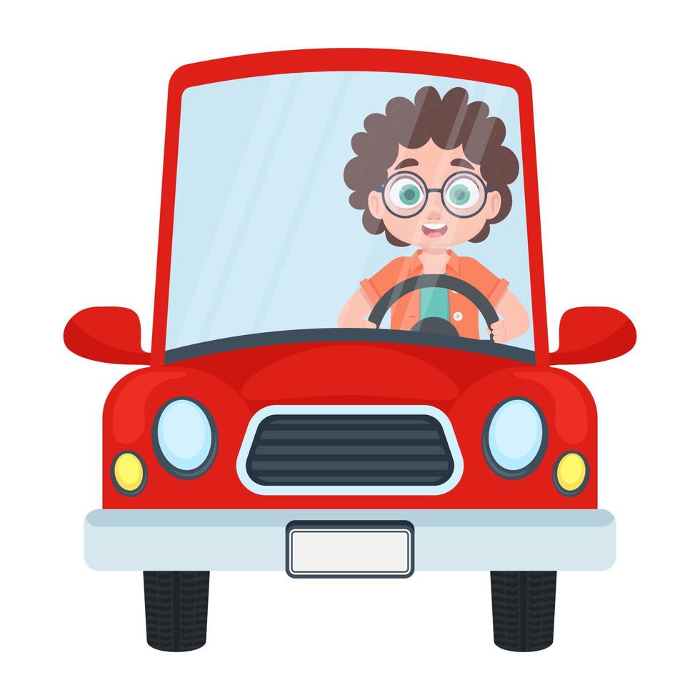 Cute child driving a red car. Vector illustration