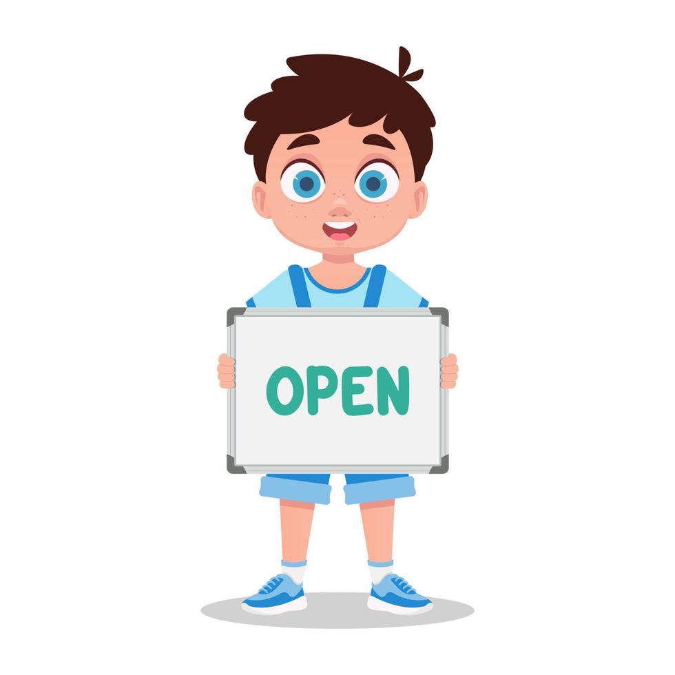 Boy with a sign in his hands, the inscription is open vector