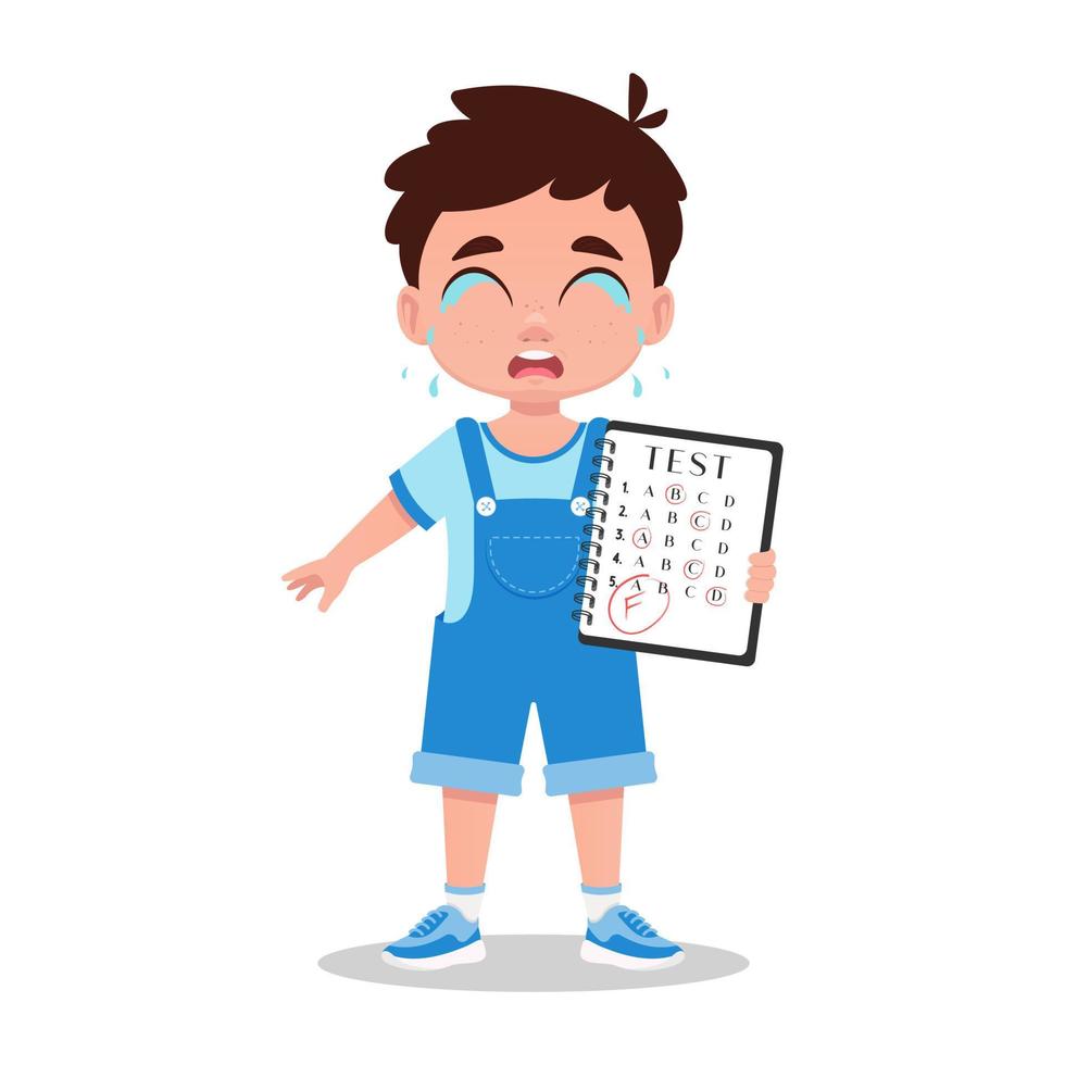 The cute crying boy got a bad grade. Vector illustration