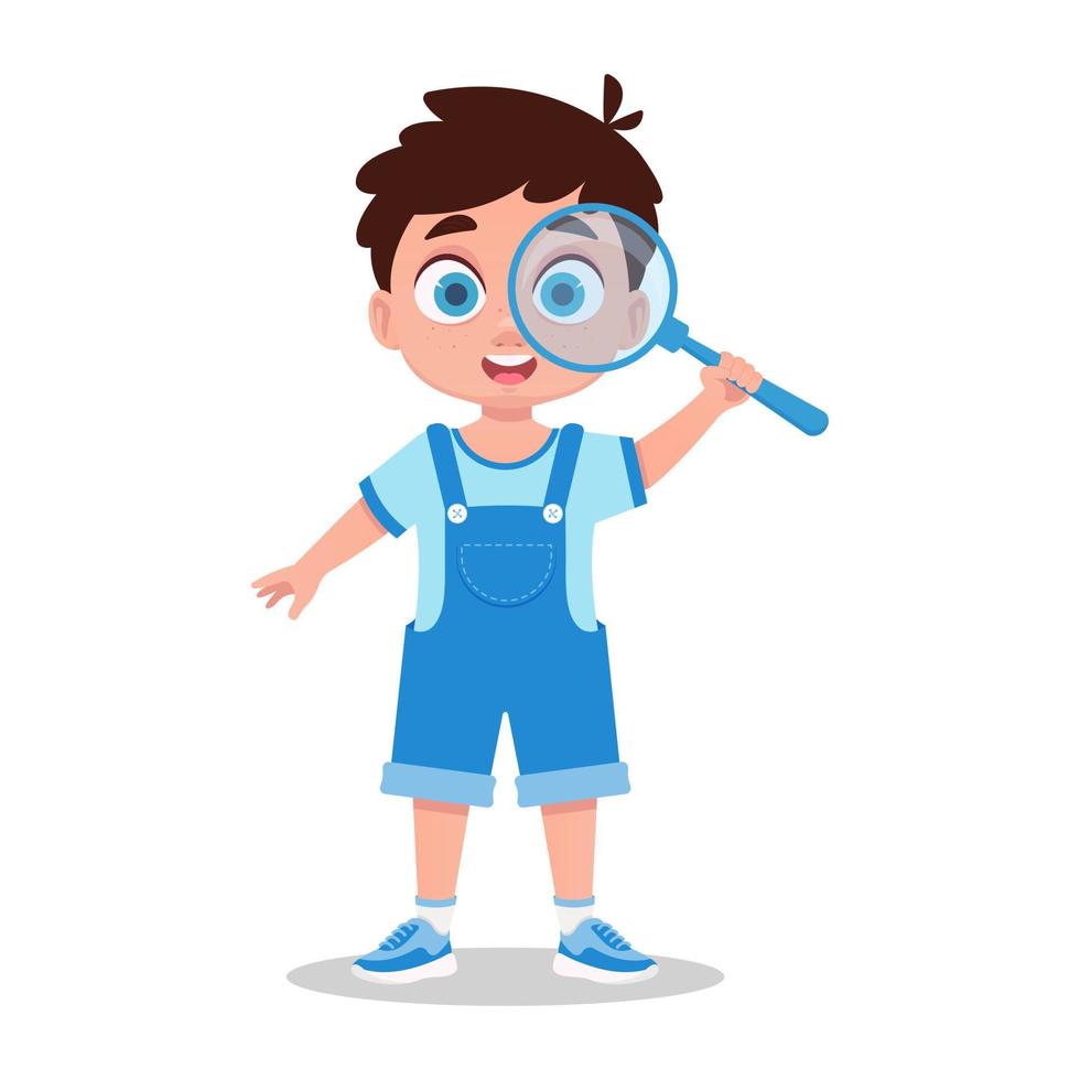 Cute boy looks through a magnifying glass, the child explores the world vector