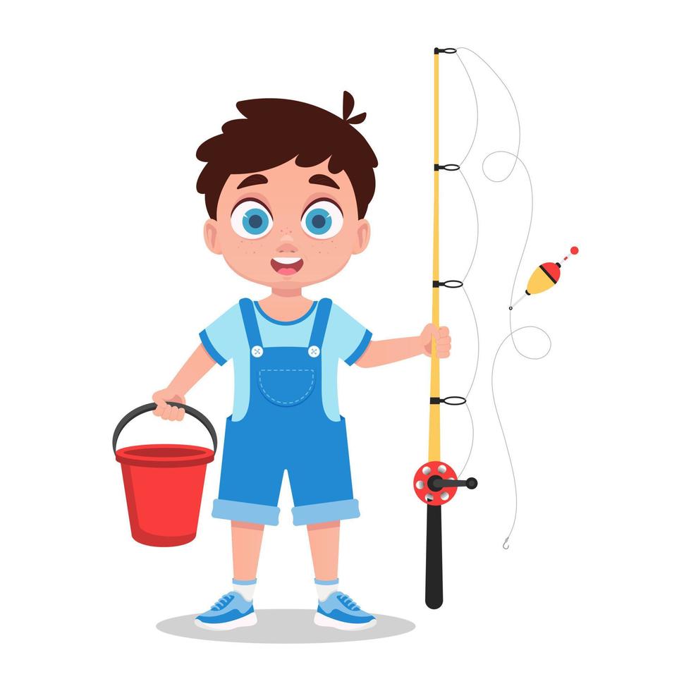 Happy boy fisherman with a fishing rod in his hand vector