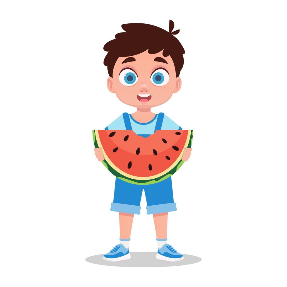 Cute boy eating watermelon, vector illustration