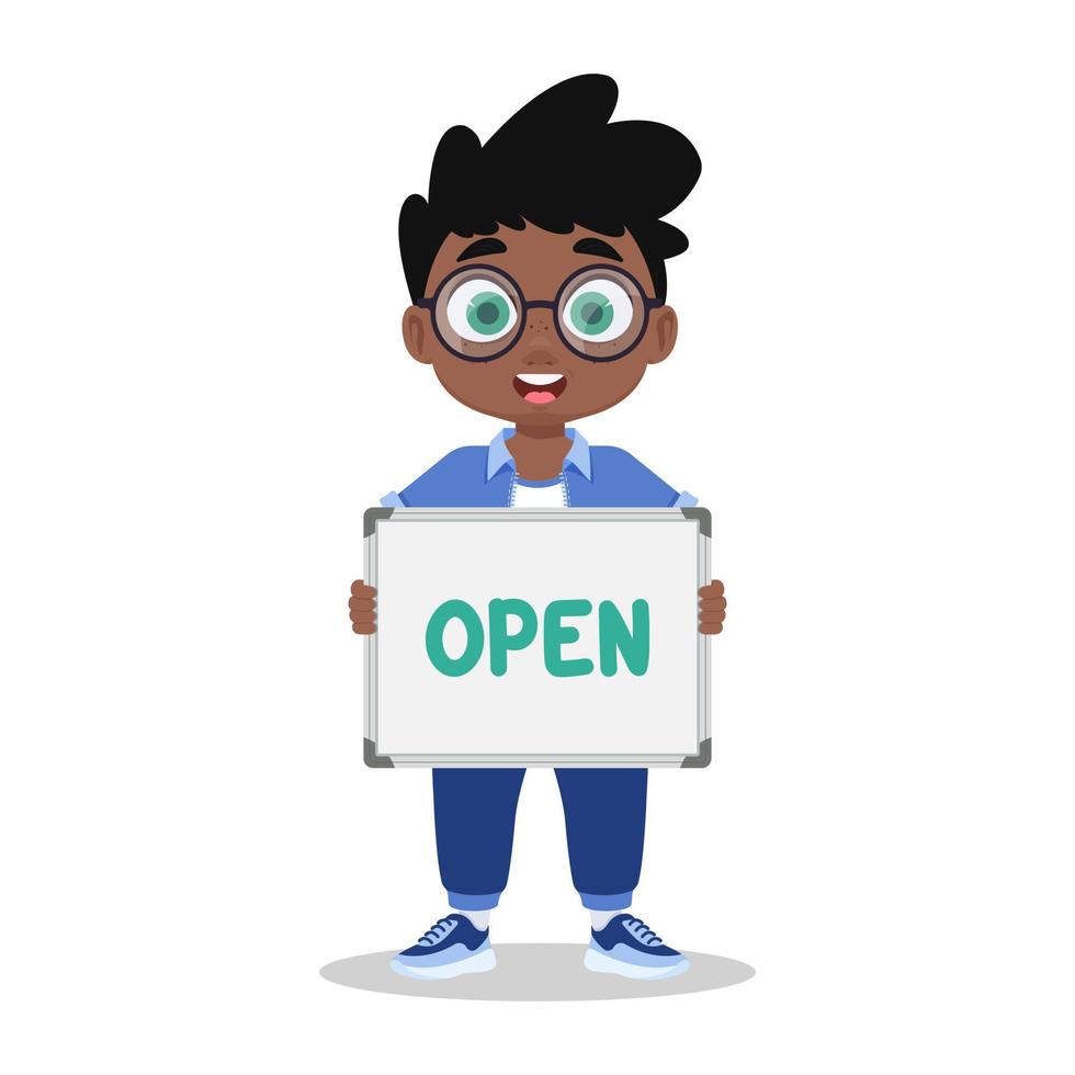 Boy with a sign in his hands, the inscription is open vector
