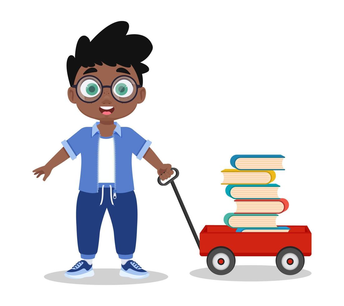 Cute boy with cart of books vector