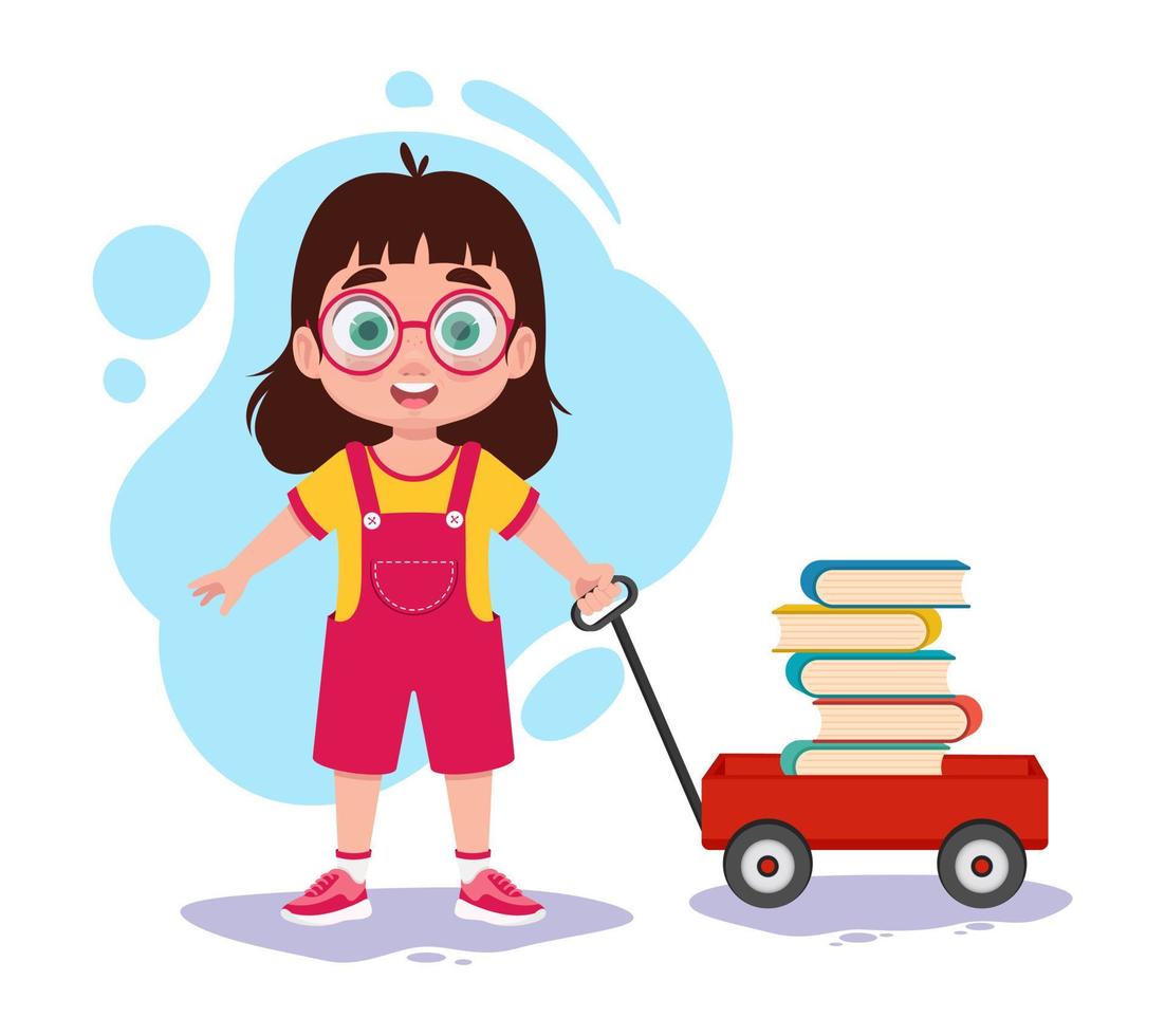 niña con un carro de libros vector