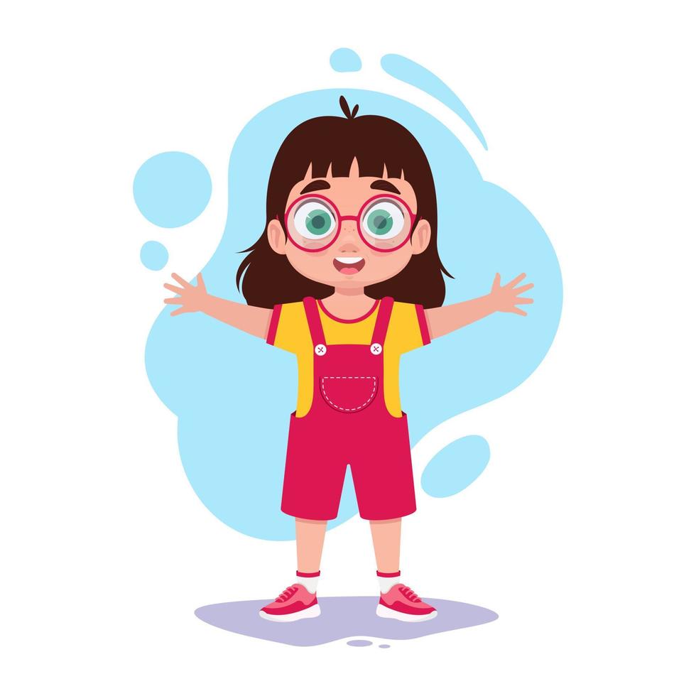 A little girl with glasses holds out her hands. the child wants to be hugged vector