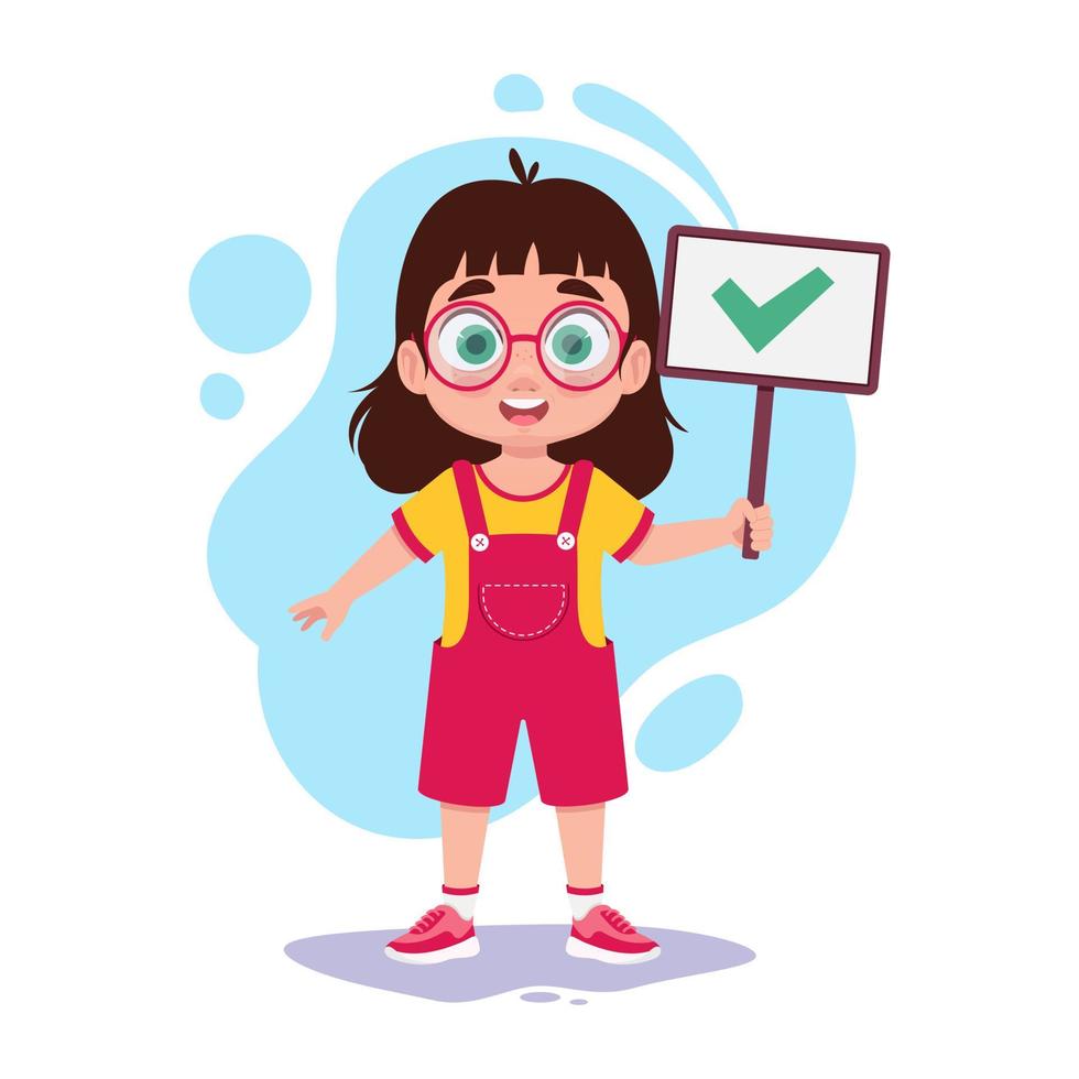 Girl holding a sign with a green checkmark vector