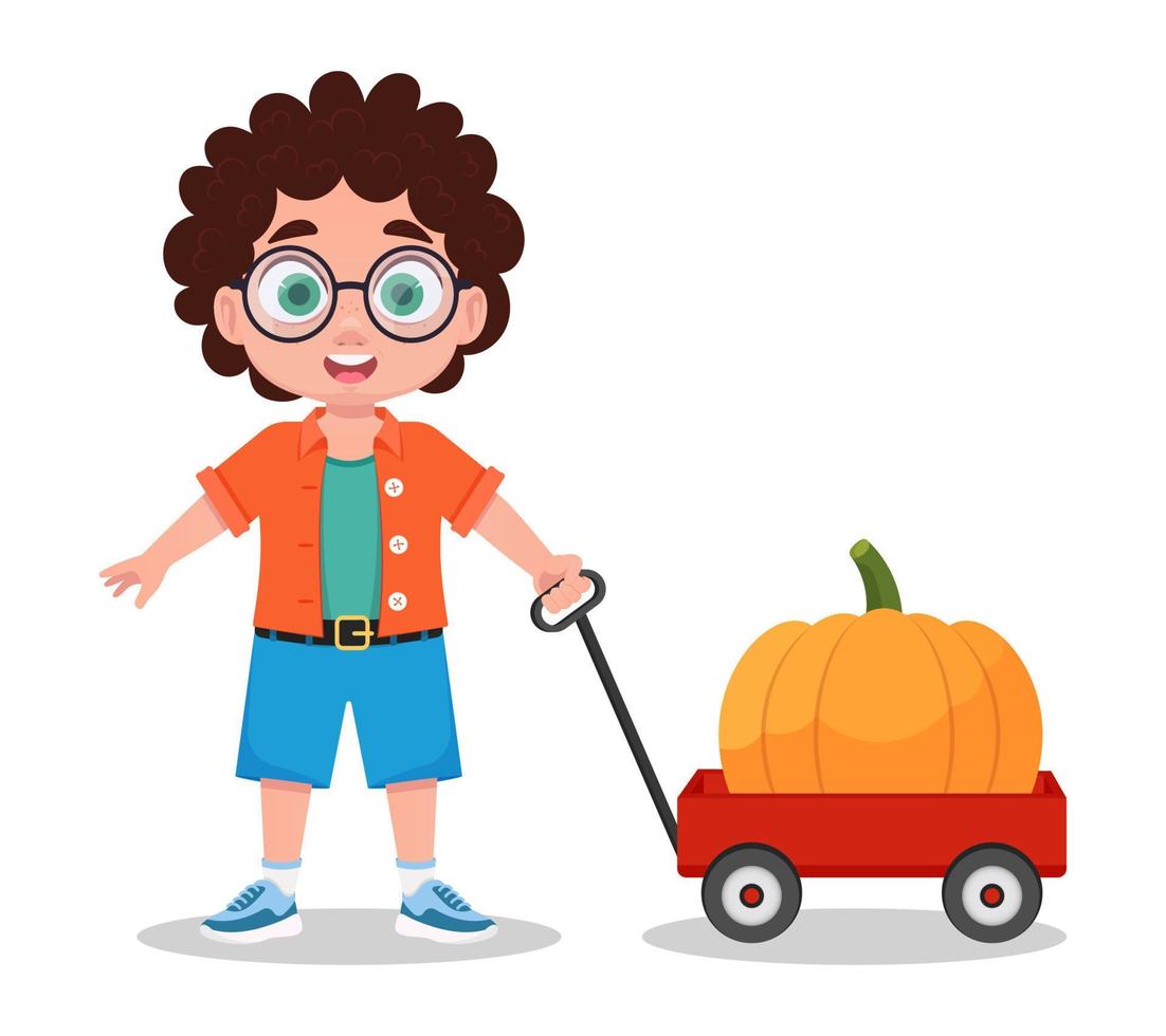 Cute boy with a big pumpkin, getting ready for halloween vector