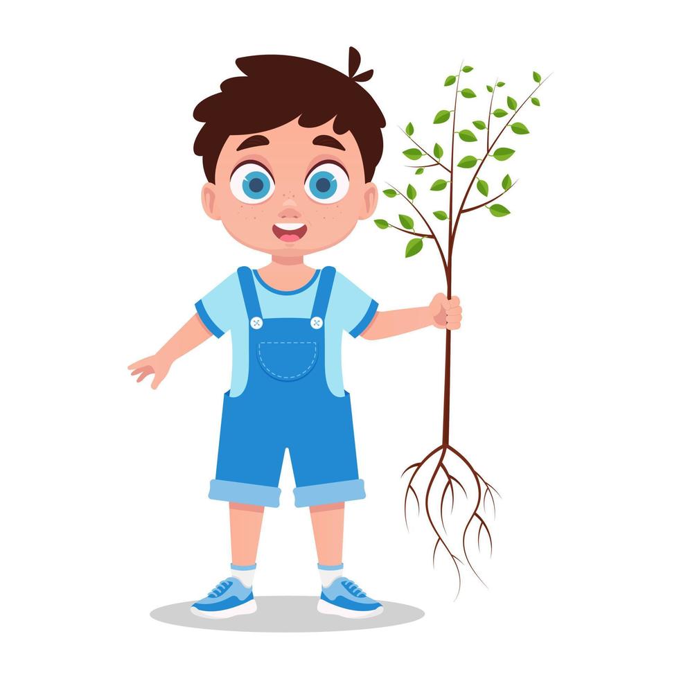 linda chico plantando un árbol, vector ilustración