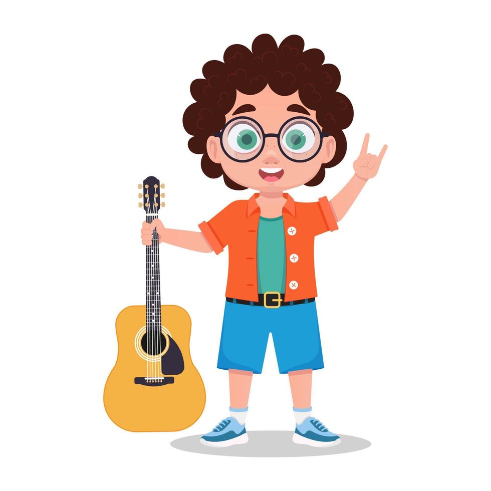 Child with guitar showing rock gesture vector