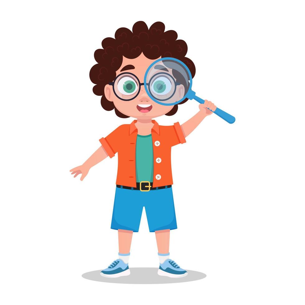 Cute boy looks through a magnifying glass, the child explores the world vector