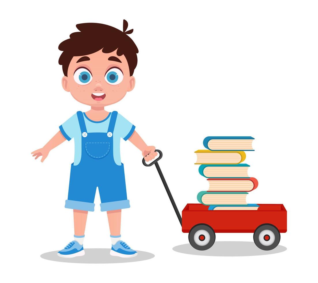 Cute boy with cart of books, vector illustration