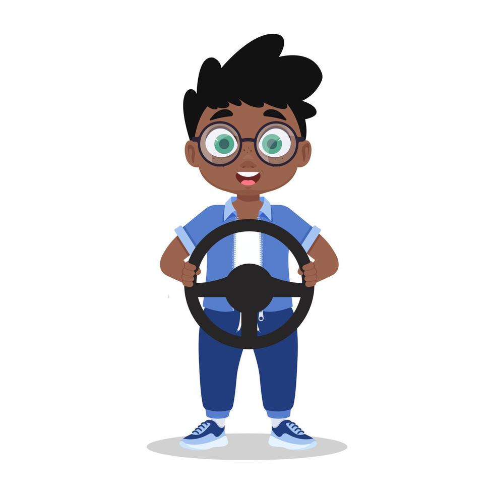 Cute boy playing with a steering wheel in his hands vector