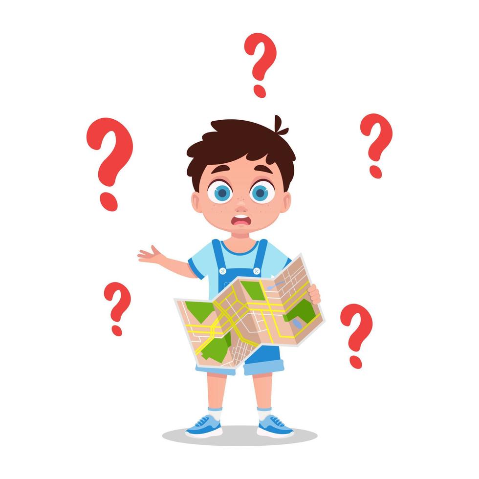 Cute boy looking for an answer, misunderstanding, question mark vector