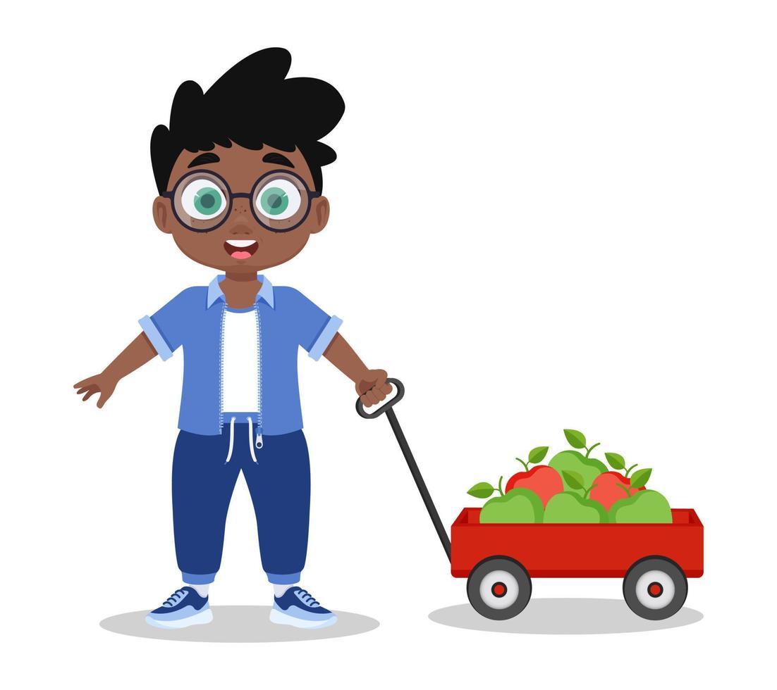 Boy with a cart of apples vector