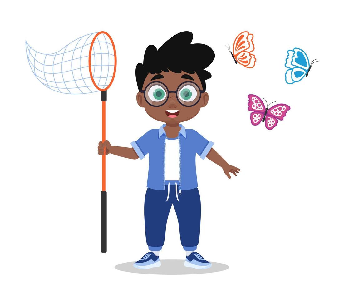 Cute boy catching butterflies, vector illustration