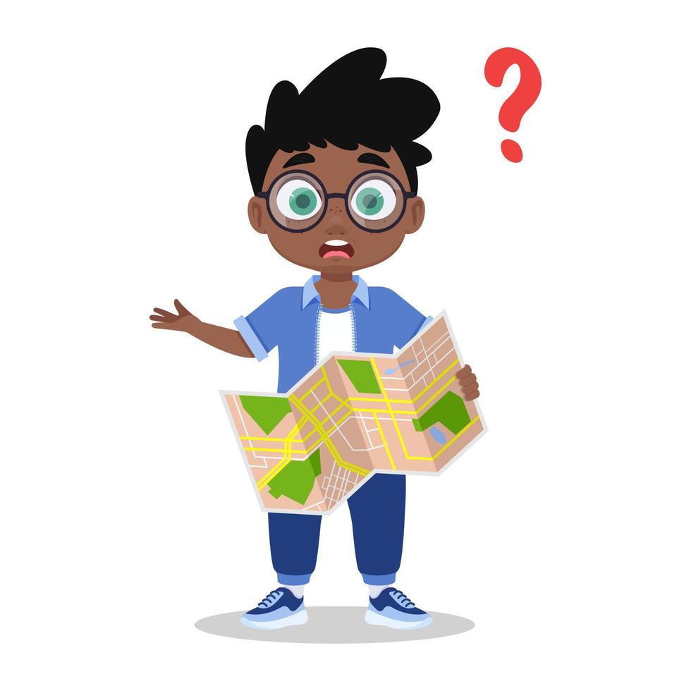 Cute boy with a map in his hands asks for directions vector