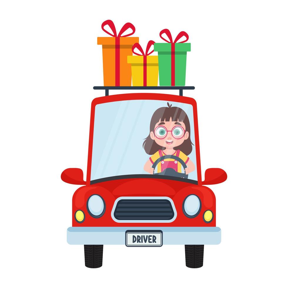 linda niño en el coche lleva regalos vector