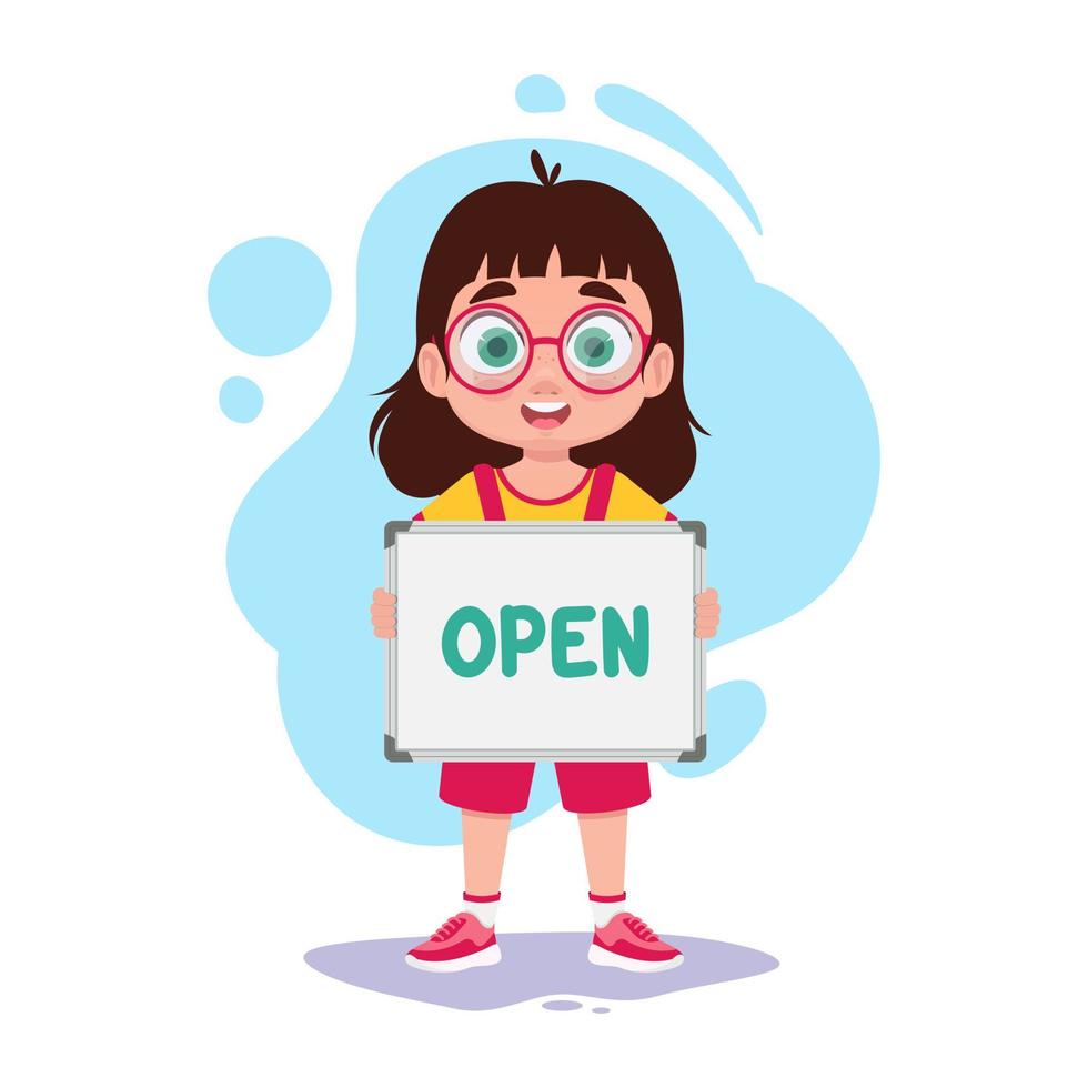 Child with a sign in his hands, the inscription is open vector