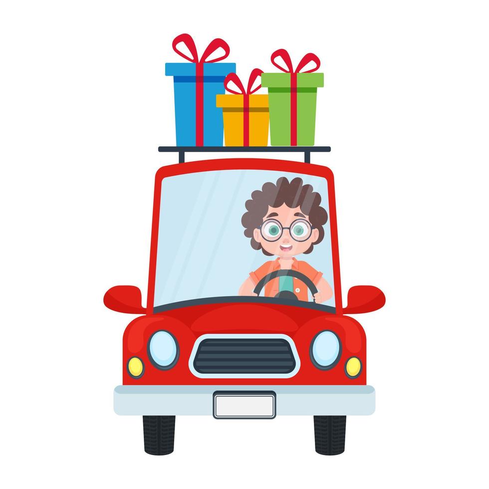 Cute boy rides in a car with gifts vector