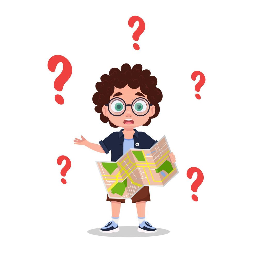 The child is lost, a boy with a map in his hands vector