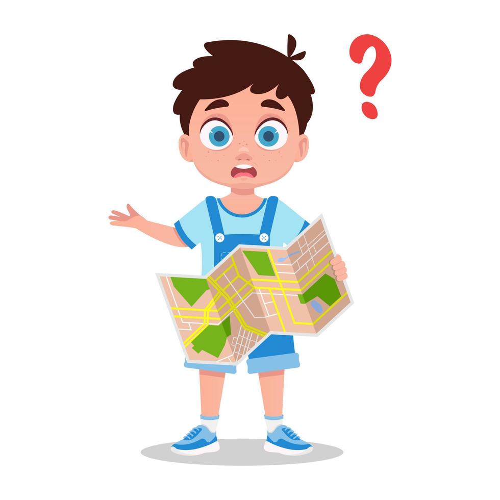 The child is lost, a boy with a map in his hands vector