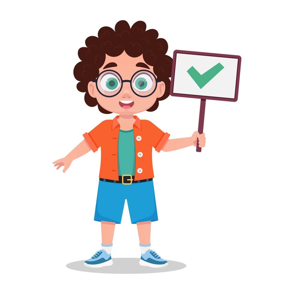 Cute boy holding green tick sign vector