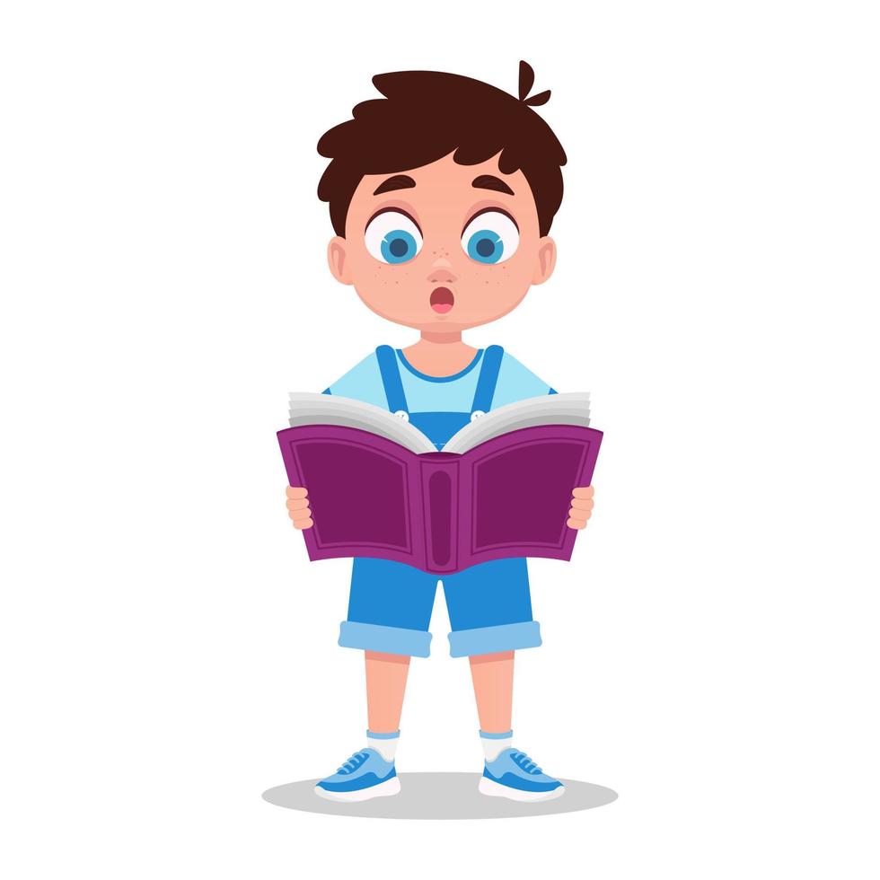 Cute boy is surprised to read a book vector