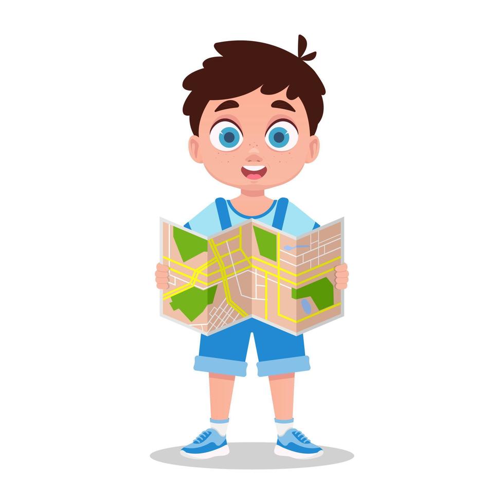 Cute boy holding a map. Vector illustration