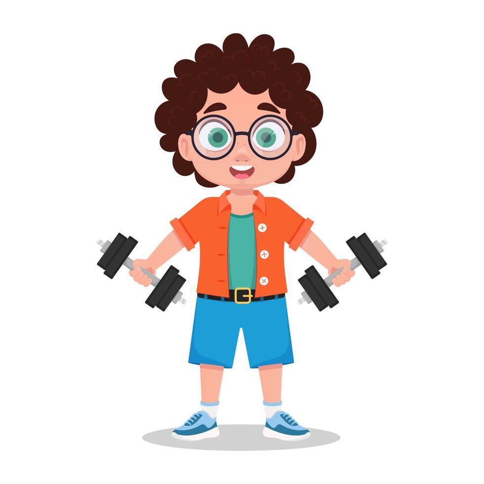 Cute boy goes in for sports, exercises with dumbbells vector